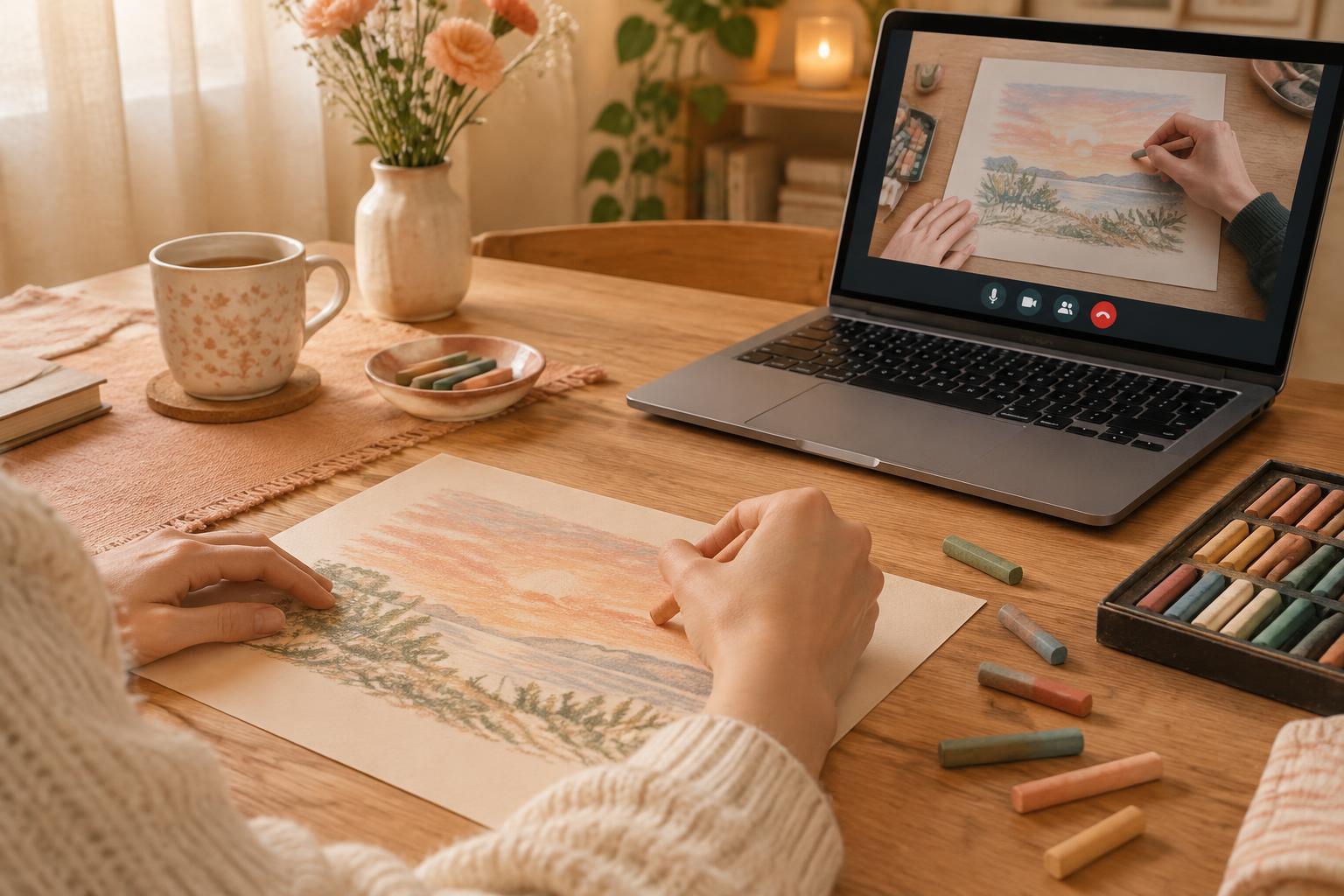 Mãos desenhando com giz pastel sobre papel em uma mesa de casa; ao lado, um notebook em videochamada mostra outra pessoa desenhando ao mesmo tempo.