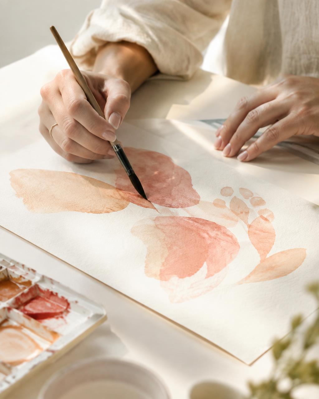 Mãos de uma pessoa pintando manchas de aquarela em tons de coral e pêssego sobre papel, com um estojo de tintas ao lado.