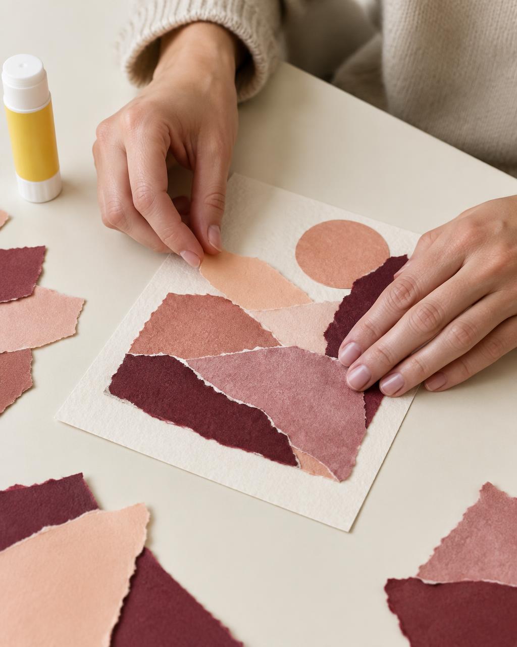 Mãos colando pedaços de papel rasgado em tons de vinho, rosa e pêssego sobre um cartão, formando uma colagem.